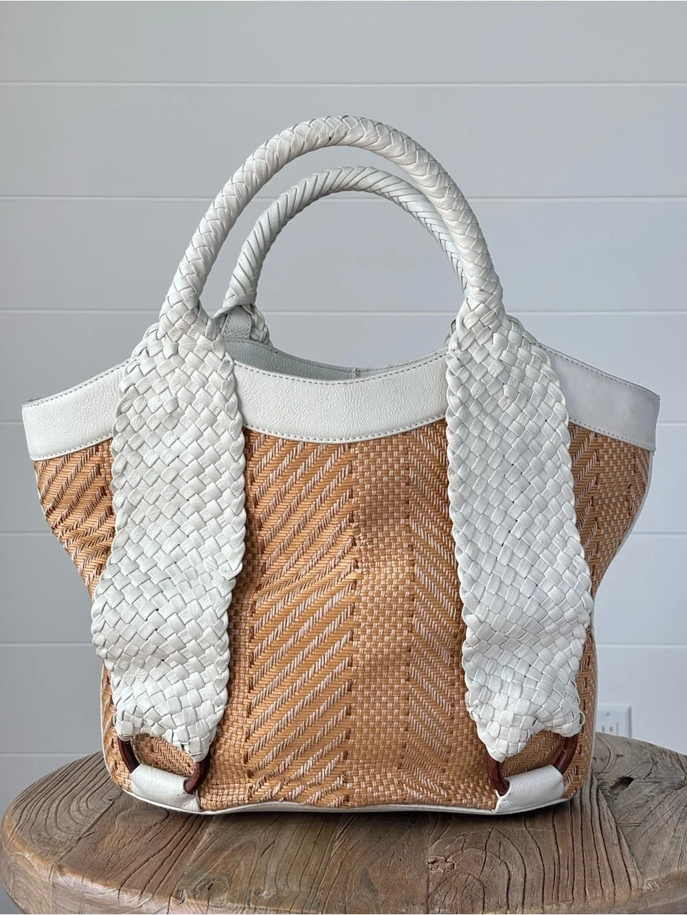 Cole Haan Tarran Tote Bag White Leather and Woven Straw